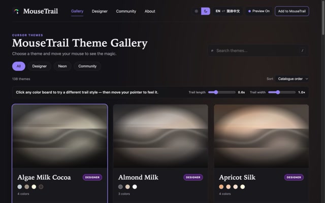 MouseTrail — MouseTrail is an independent design tool for creating and sharing cursor trail themes.